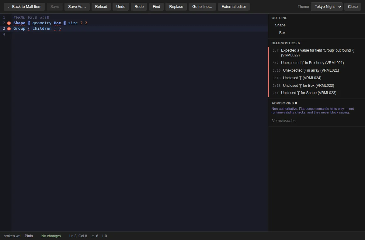 Editor showing six syntax diagnostics for an unclosed Box, each with a line and column.