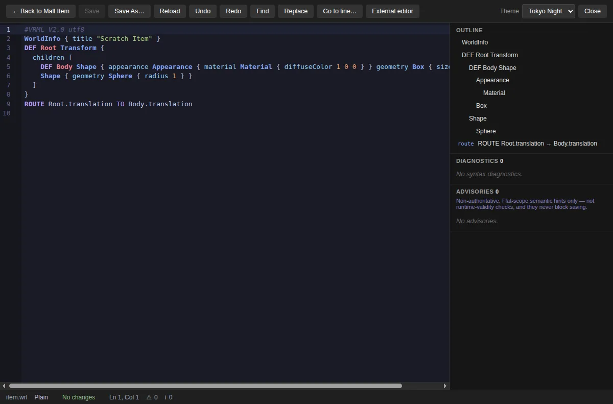 WRL Forge editor on item.wrl with syntax highlighting, an outline of the node tree, and zero diagnostics.